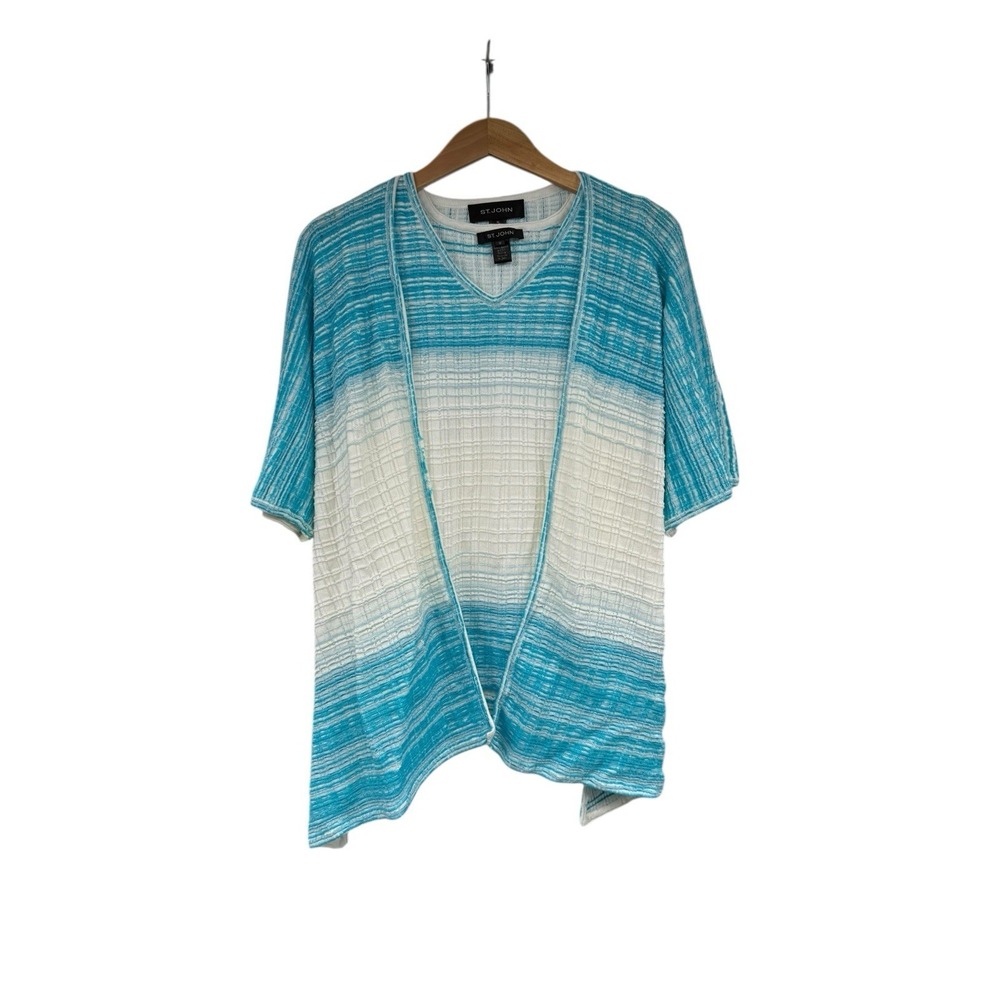St John Blue White Knit Tank Cardigan Set Wool Blend Womens M‎ READ